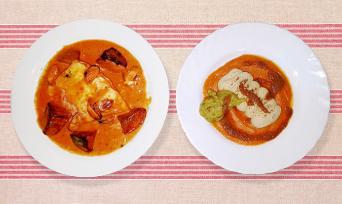 Plato de ‘Merluza en salsa marinera con mejillones’, y el mismo plato con cada uno de los ingredientes texturizados por separado.